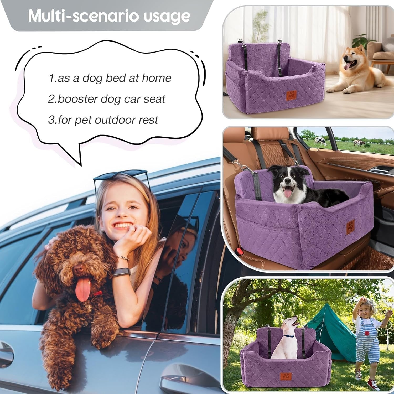 Purple Dog Booster Car Seat Memory Foam Travel Bed Washable 50lb