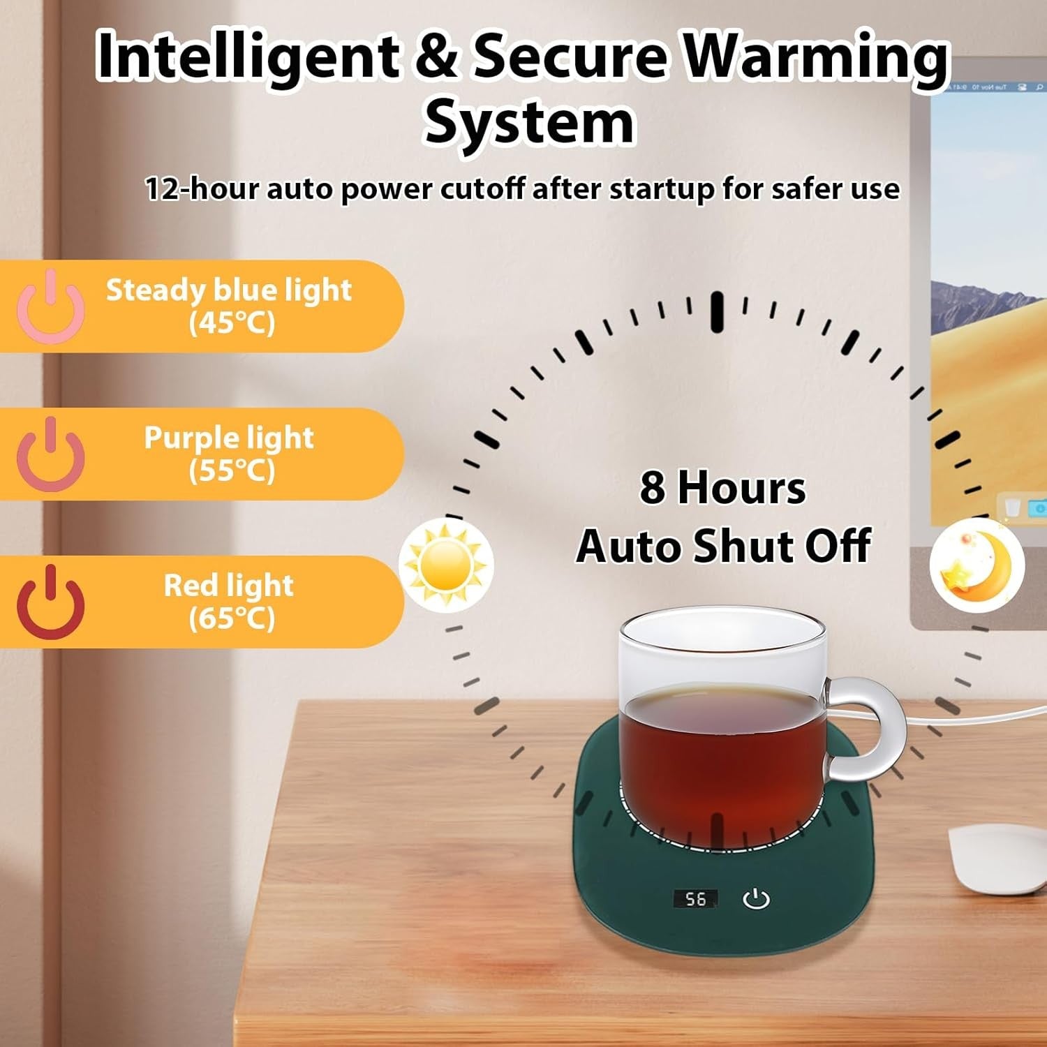USB Coffee Mug Warmer 3 Temp LED Display 12H Auto Off