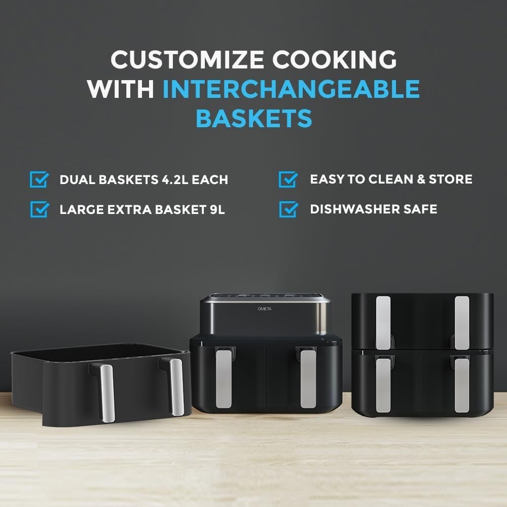 Dual Air Fryer 9L 3 Basket Set Dishwasher Safe Match Sync Cook 10 Presets