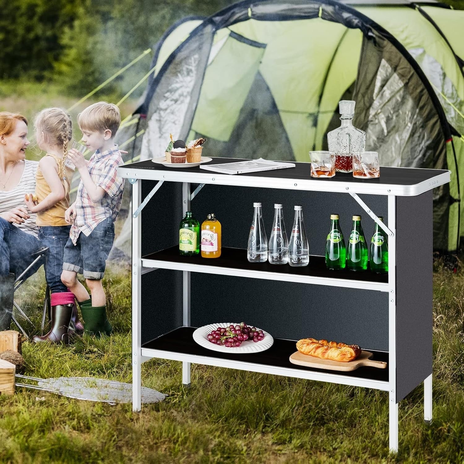 Folding Camping Table 110cm Portable Picnic Table 2-Tier Storage BBQ Outdoor