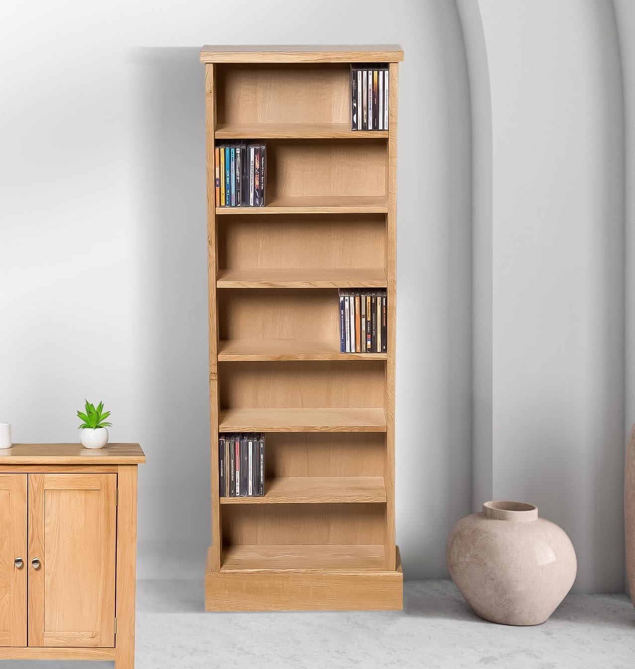 Solid Oak CD DVD Storage Tower 7 Shelf Media Bookcase Display Unit