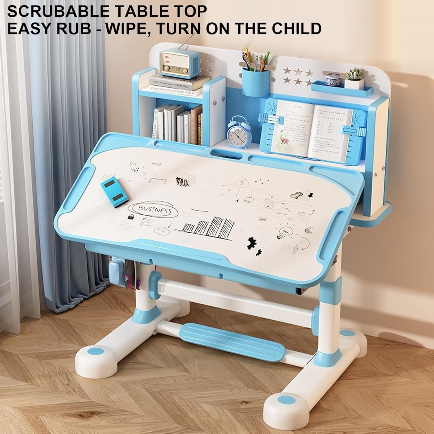Adjustable Kids Study Table & Chair Set with Storage, Large Desk Blue-4