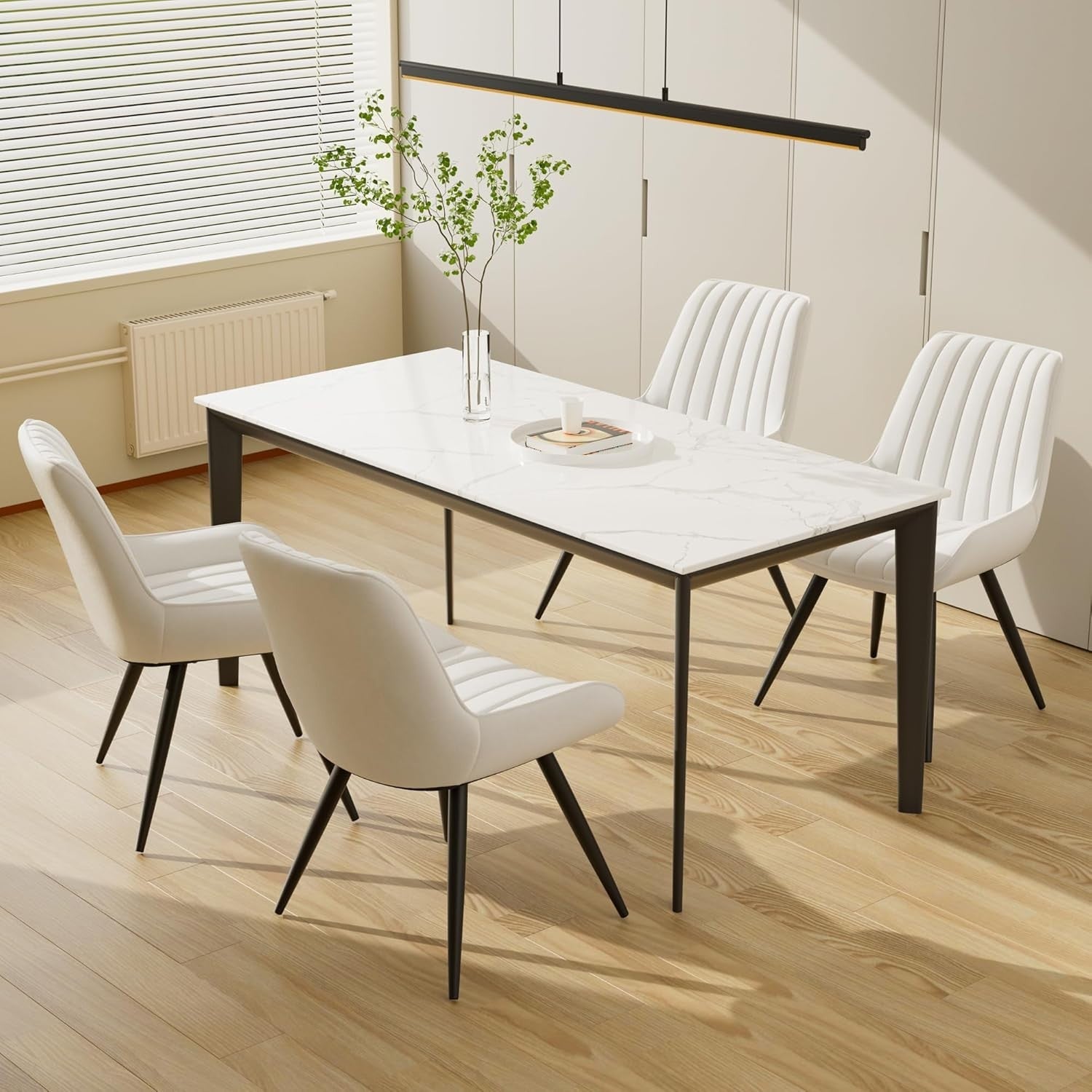 Set of 4 Modern Upholstered Dining Chairs | Thick Cushions, Metal Legs