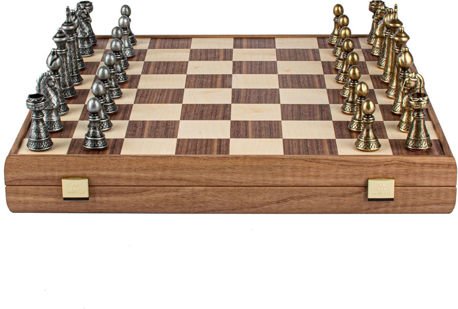 Luxury Brass & Pewter Chess Set 46cm Board | Walnut Wood Storage Box