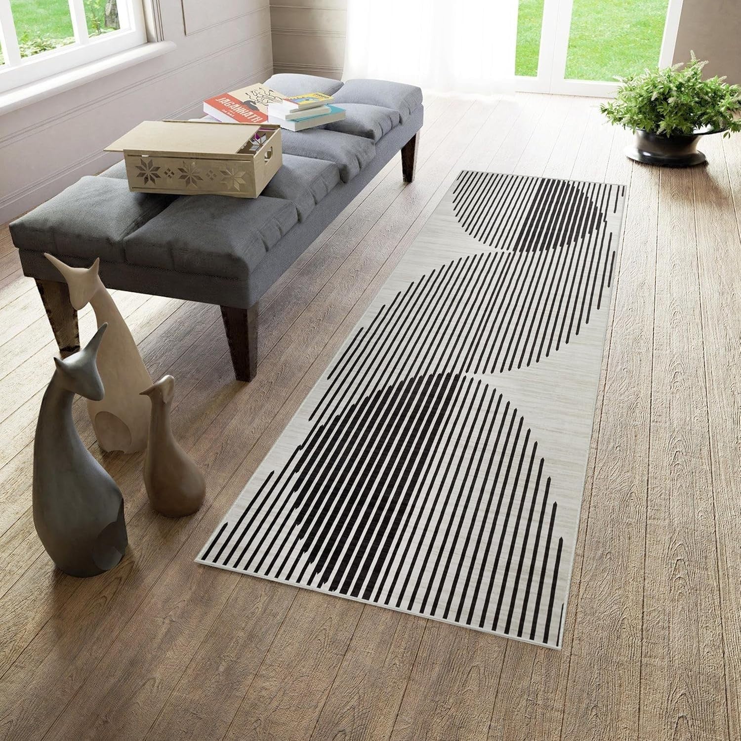 Black White Runner Rug 80x300cm Non Slip Hallway Low Pile Modern Carpet