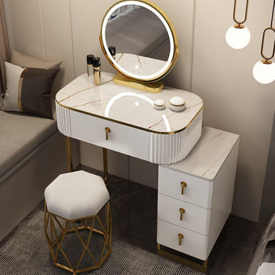 Modern White Vanity Table with LED Mirror & 4 Drawers Makeup Desk Set