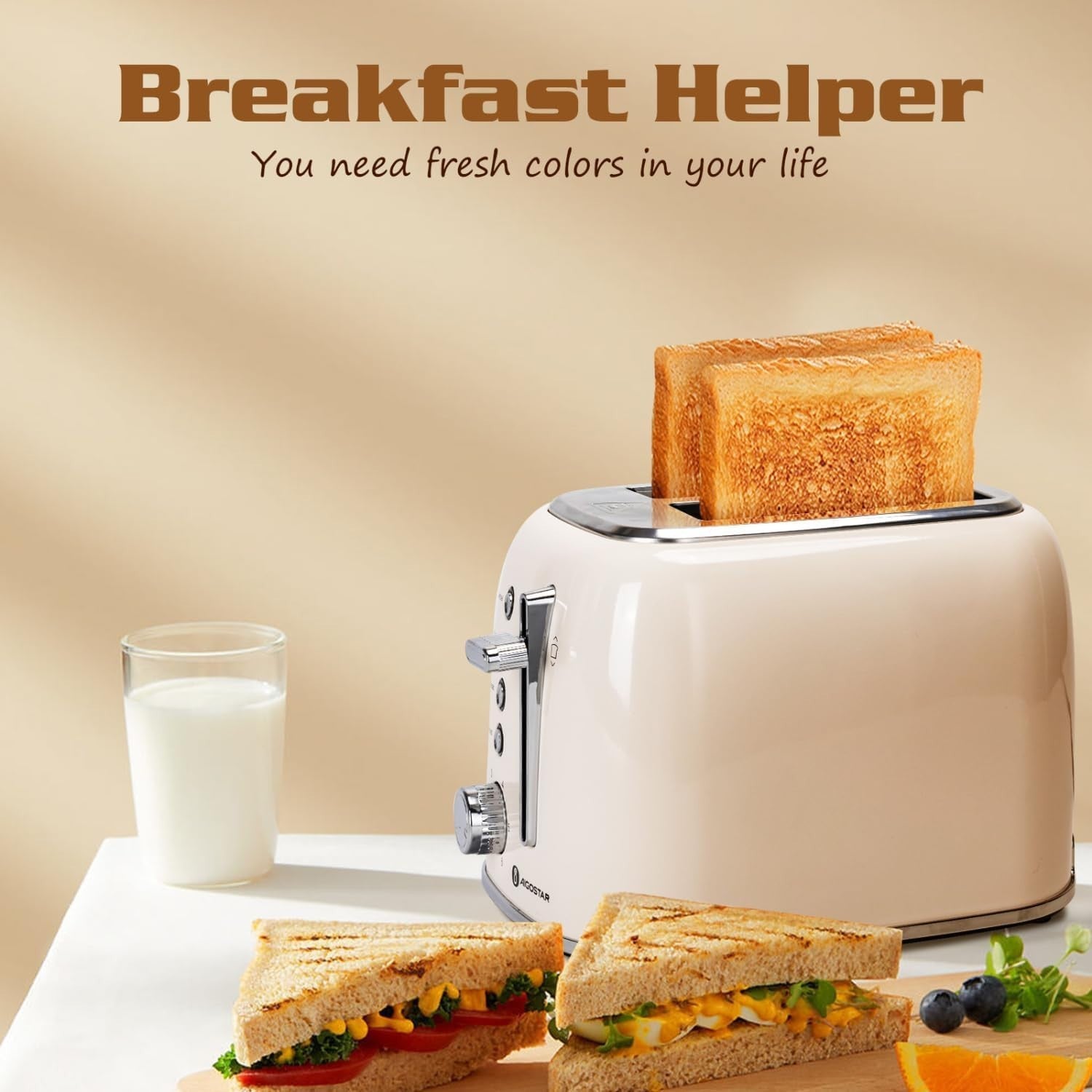 Retro 2-Slice Wide Slot Toaster Stainless Steel Cream 800W