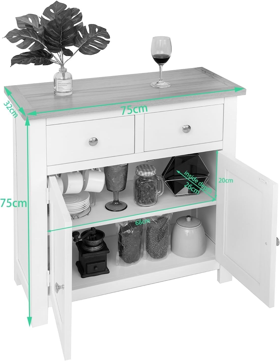Oak Sideboard Cabinet with 2 Doors & 2 Drawers Kitchen Storage Buffet White