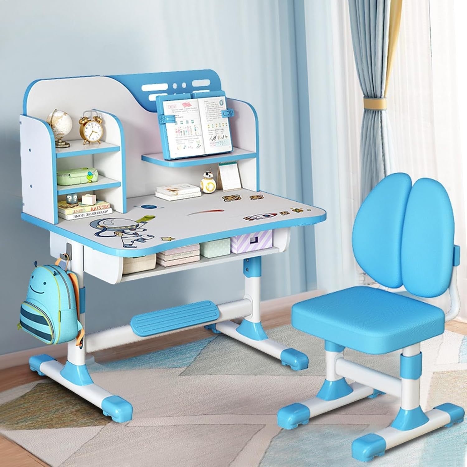 Kids Study Desk Chair Set Height Adjustable Writing Table with Bookshelf Blue