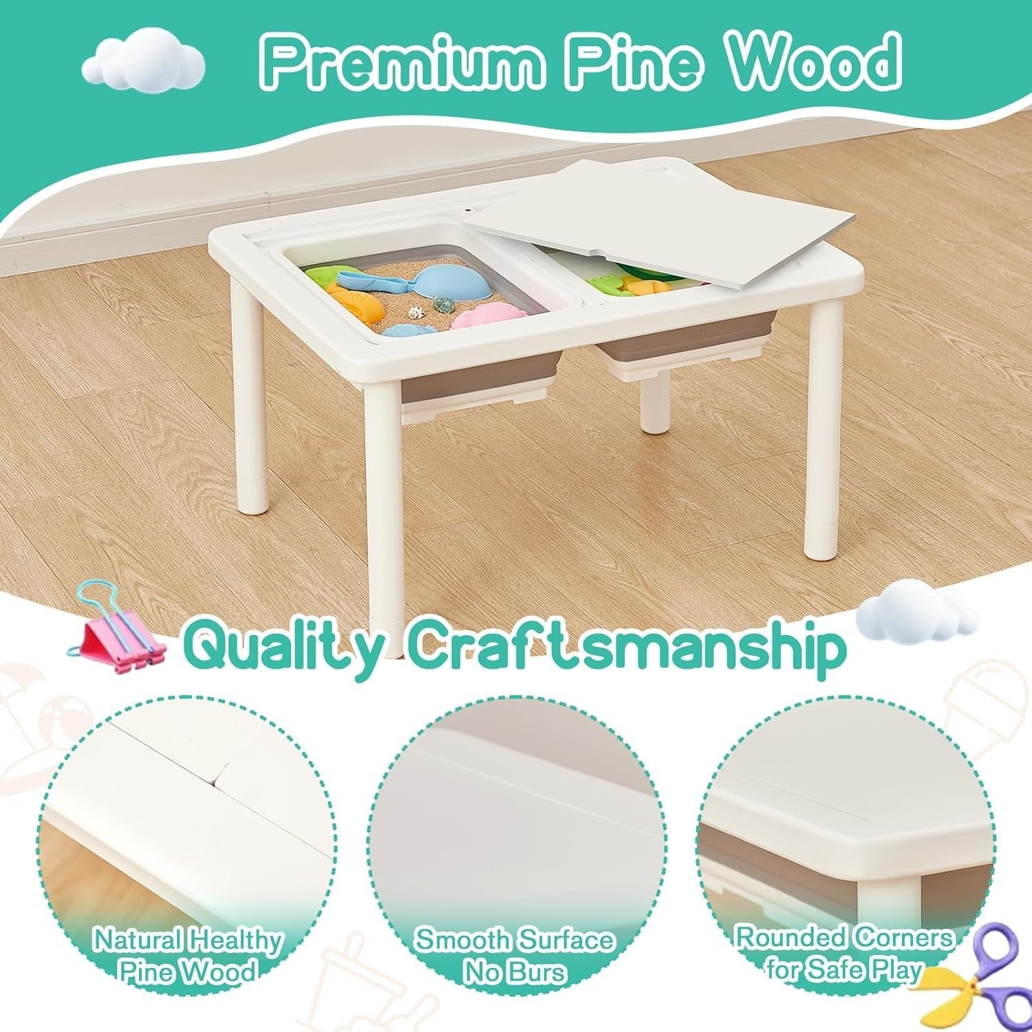 Adjustable Kids Sensory Table with 2 Bins, Sand & Water Play, White Pine Wood