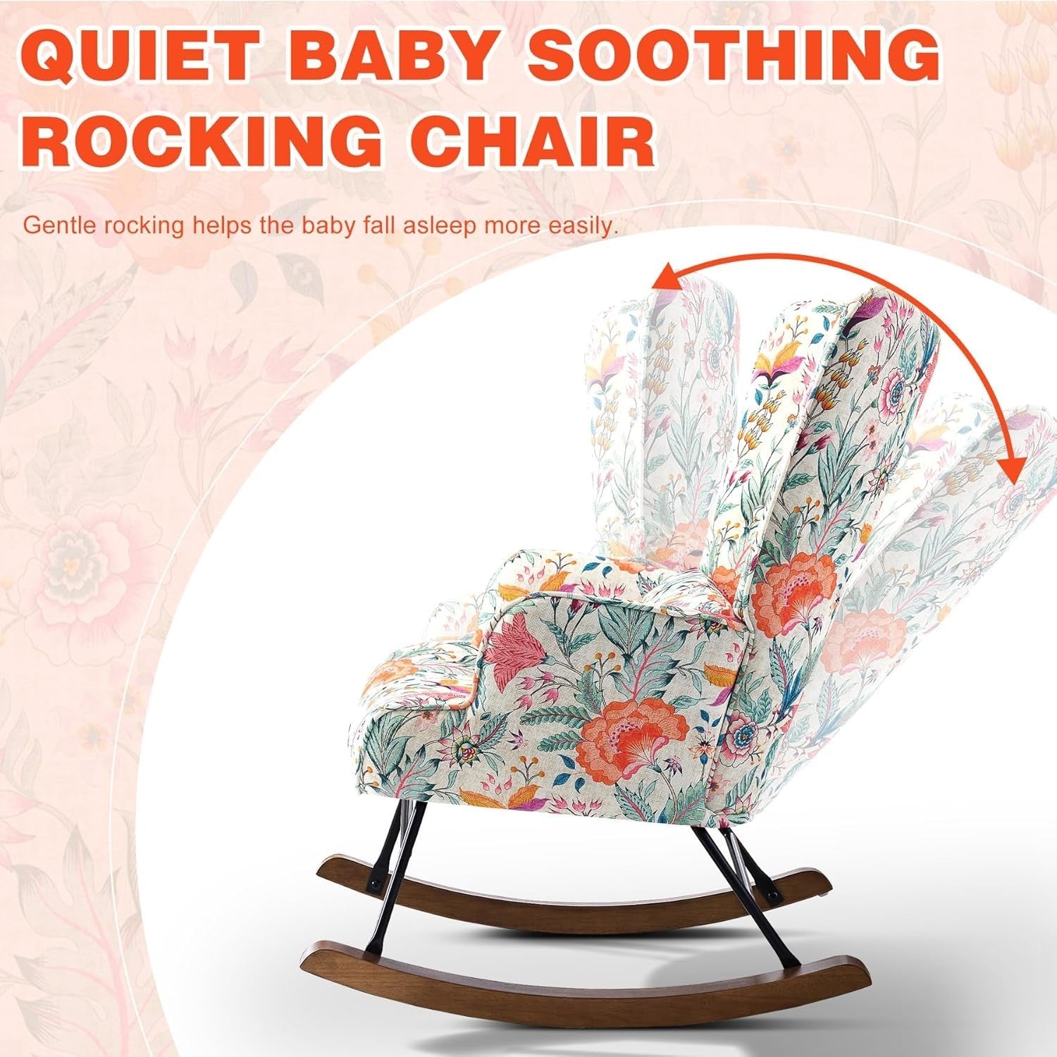 Floral Rocking Chair with Lumbar Support – Comfy Wood Accent Armchair 90cm