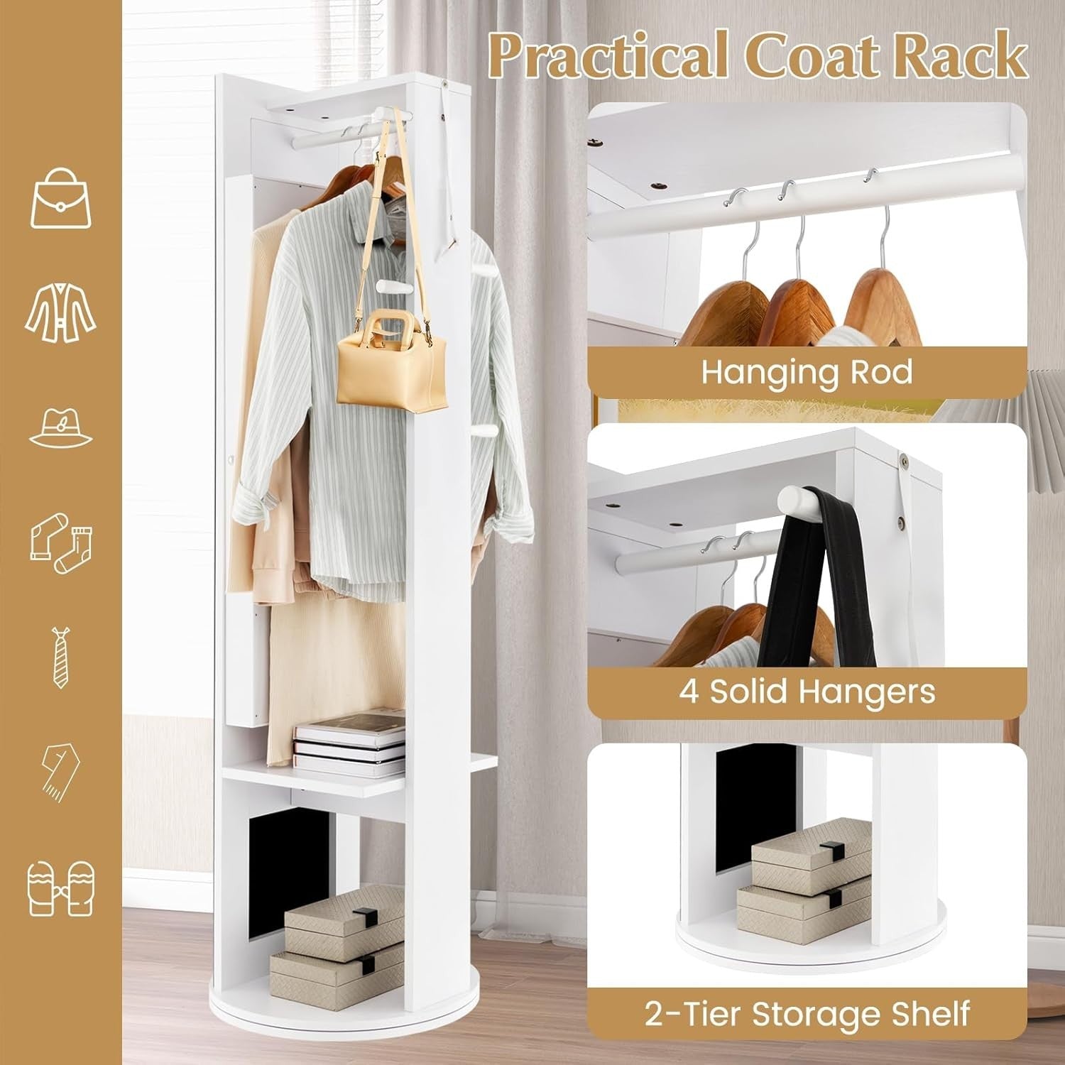 White 360° Rotating LED Jewellery Cabinet Mirror with Coat Rack