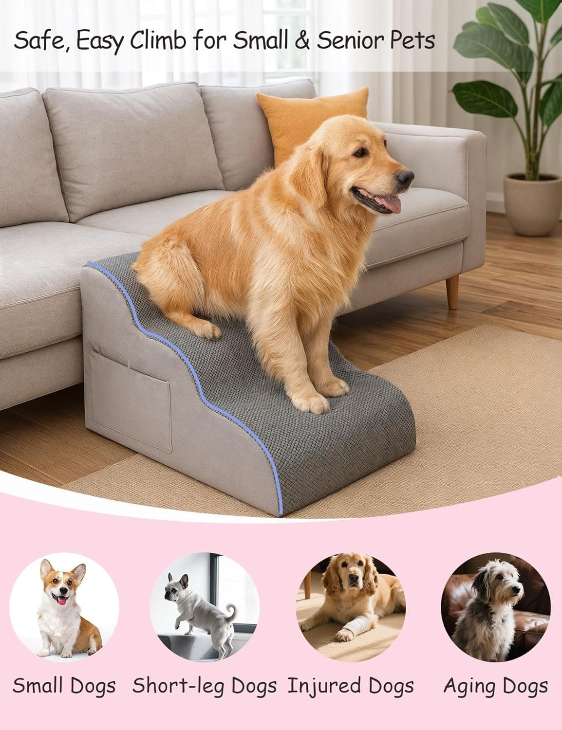 3 Step Dog Stairs Non Slip Pet Steps with Storage Pockets