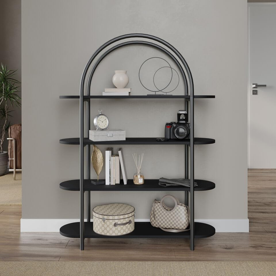 Modern 4-Tier Arched Bookcase Storage Shelf Unit – Metal Frame, MDF Shelves, Bla