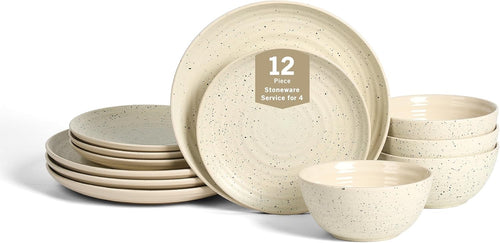 12pc Stoneware Dinner Set White Plates Bowls Microwave Dishwasher Safe