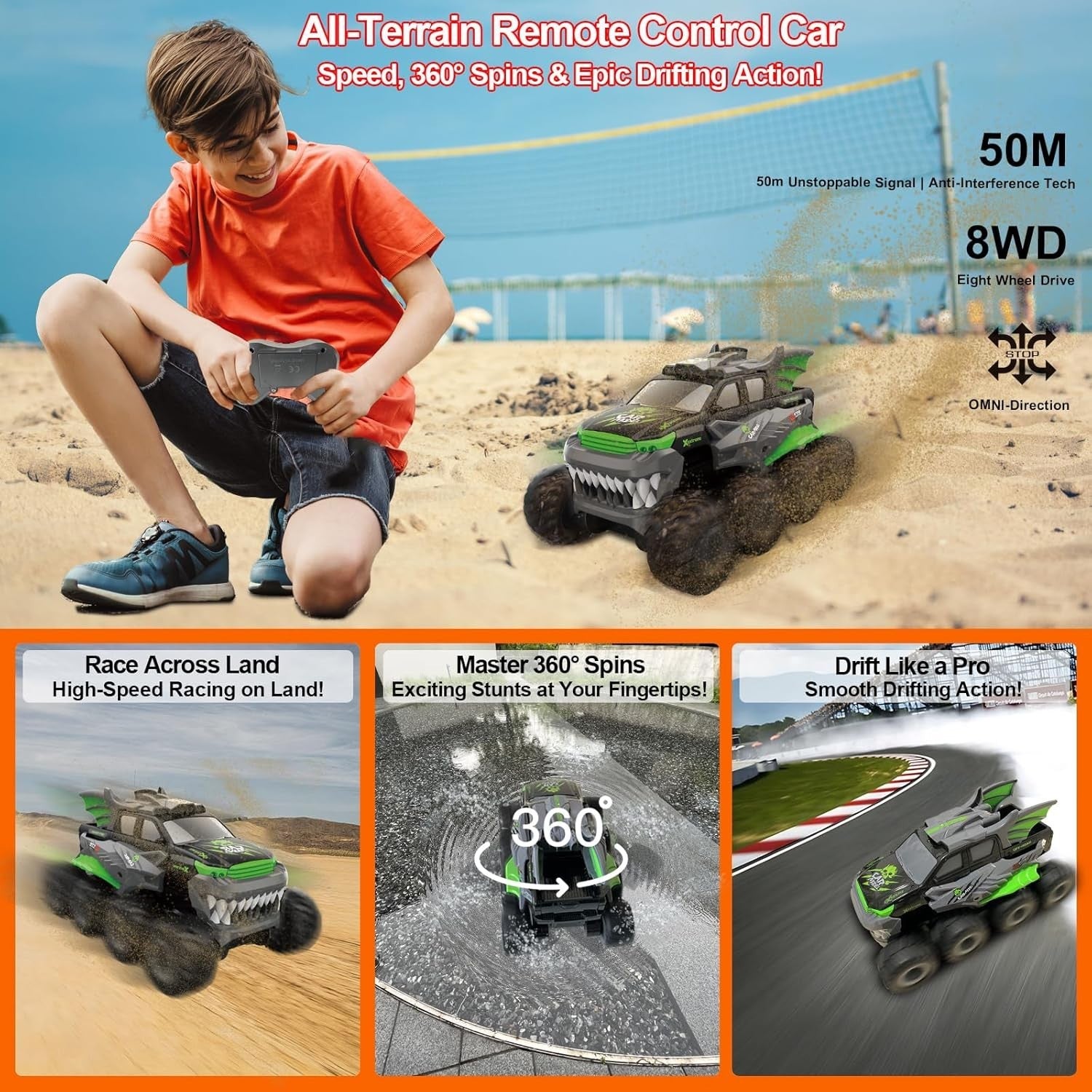 8WD Amphibious RC Monster Truck – Waterproof Off-Road Car w/ 2 Batteries, Green