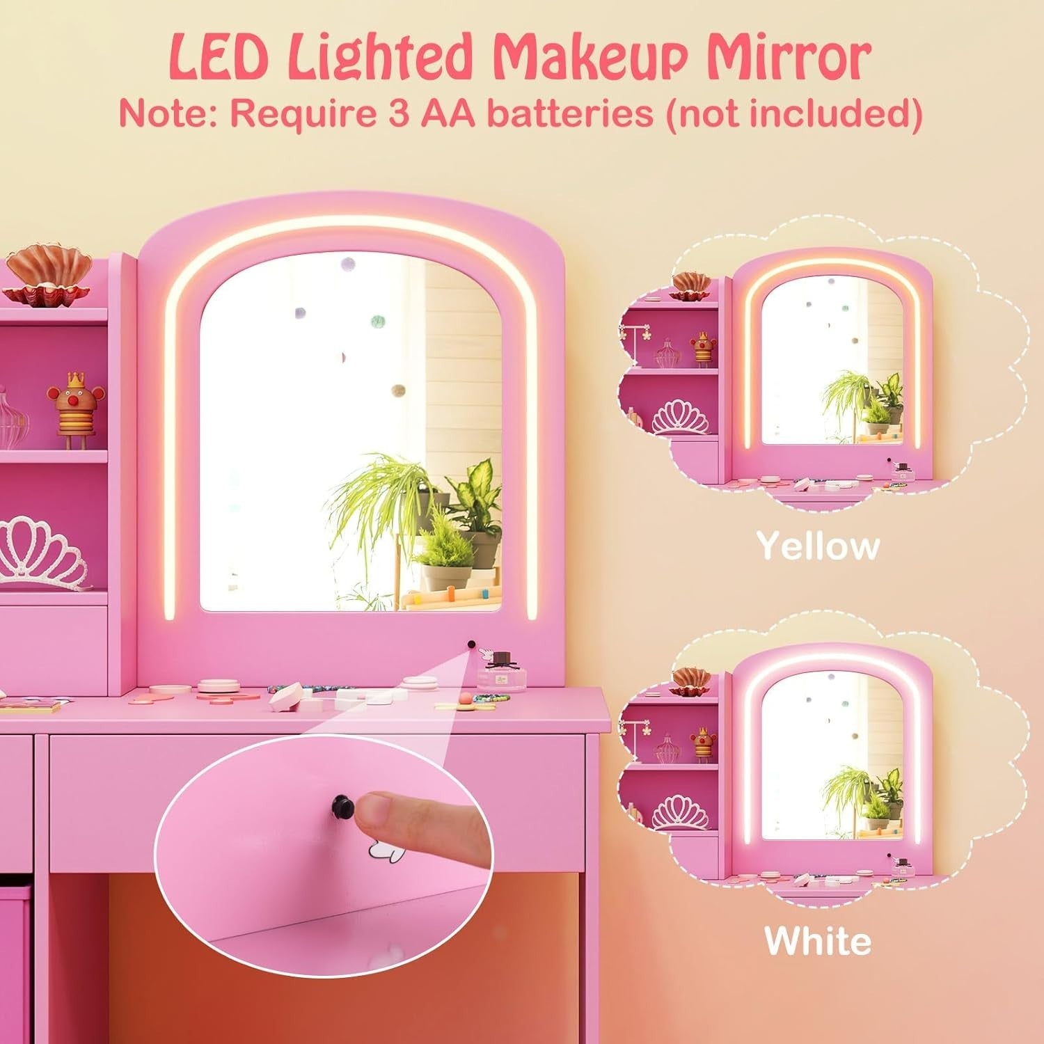 Kids Vanity Table Set Pink Girls Dressing Stool LED Mirror Storage Safe