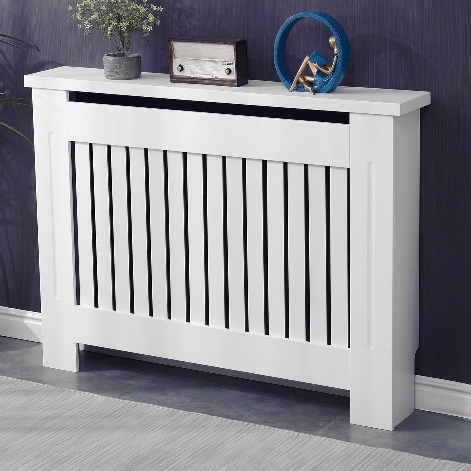 White Radiator Cover MDF Slatted Modern Heating Cabinet Shelf 111cm Home Décor