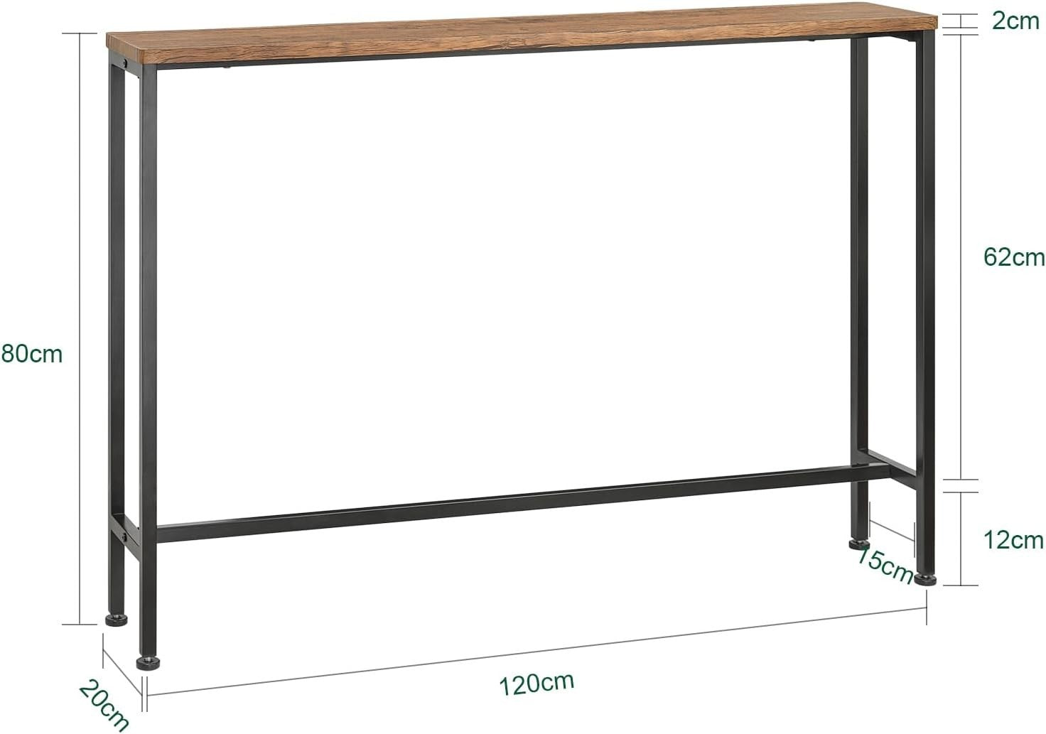 Slim Console Table 120x20x80cm with Adjustable Feet & Wood Effect Top