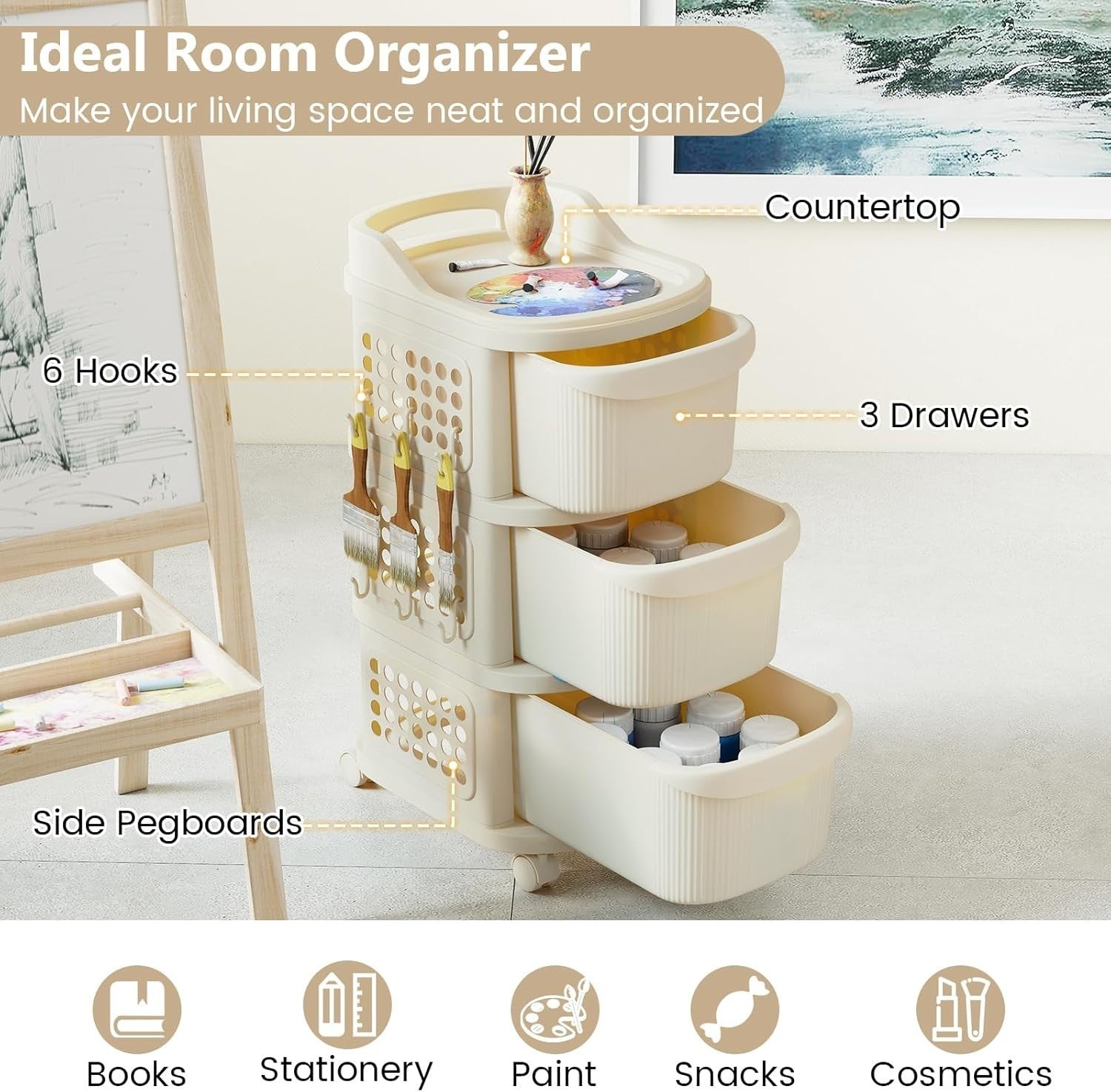 3 Drawer Rolling Storage Cart Utility Organizer with Pegboard Hooks