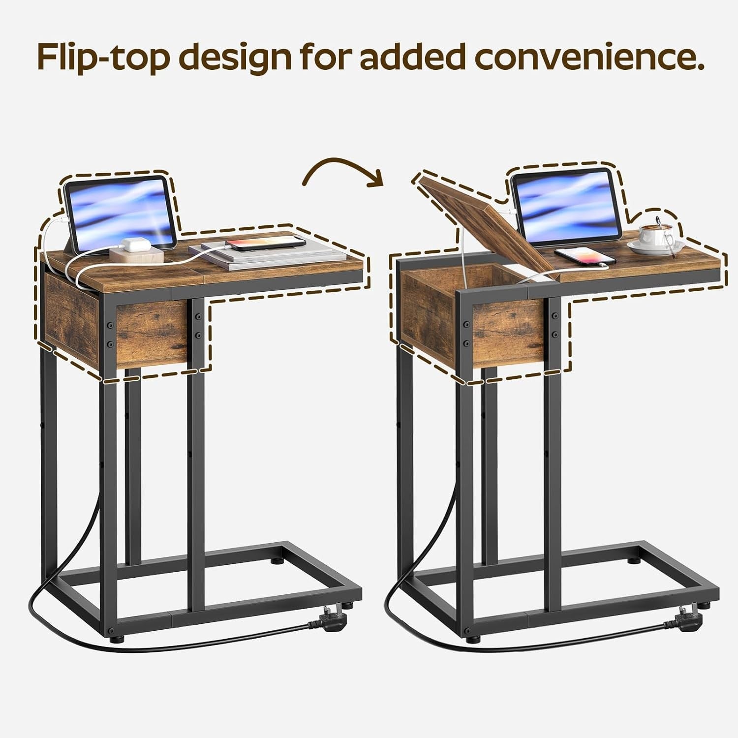 C Shaped Side Table with USB Ports, Outlet & Storage, Small Rustic End Table