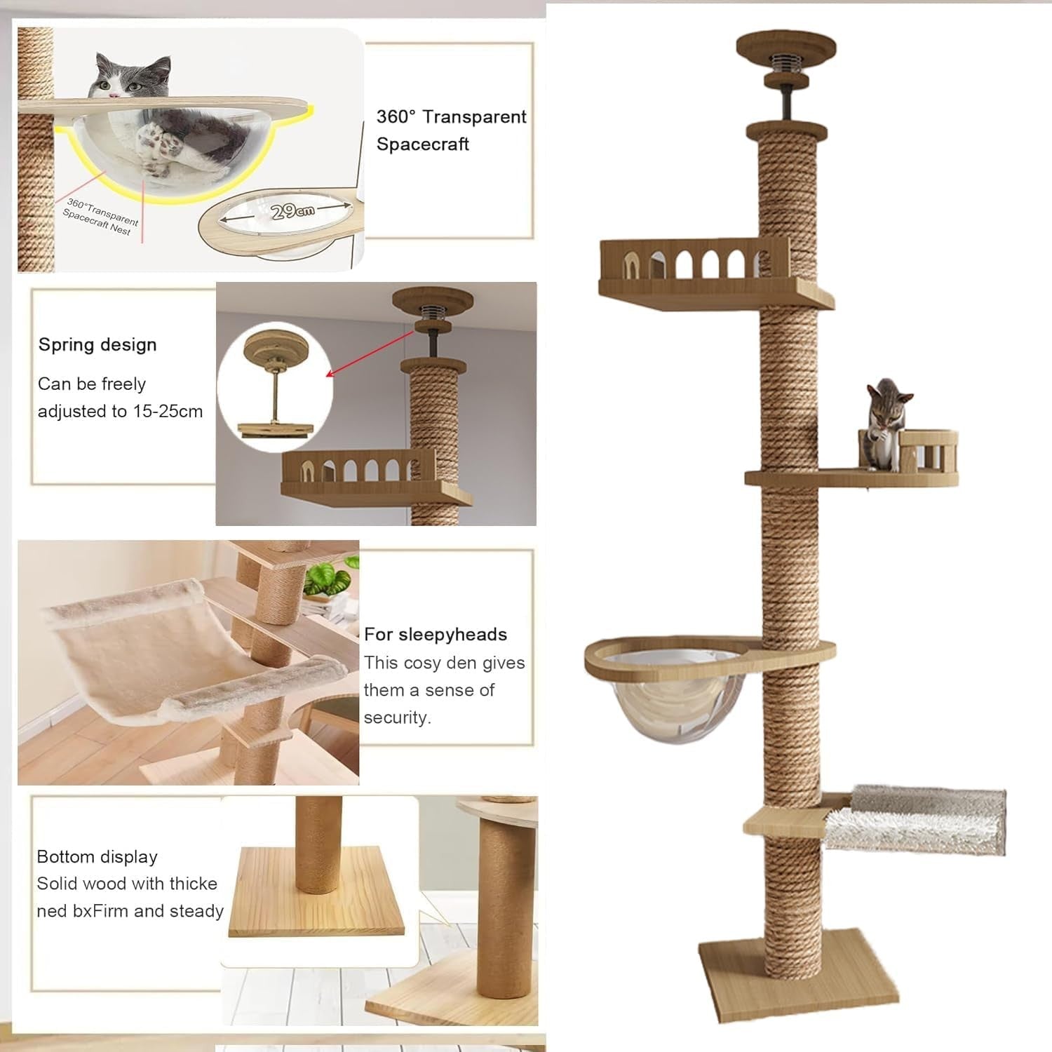 Floor to Ceiling Cat Tree Adjustable 5 Level Tower Sisal Posts Capsule Hammock