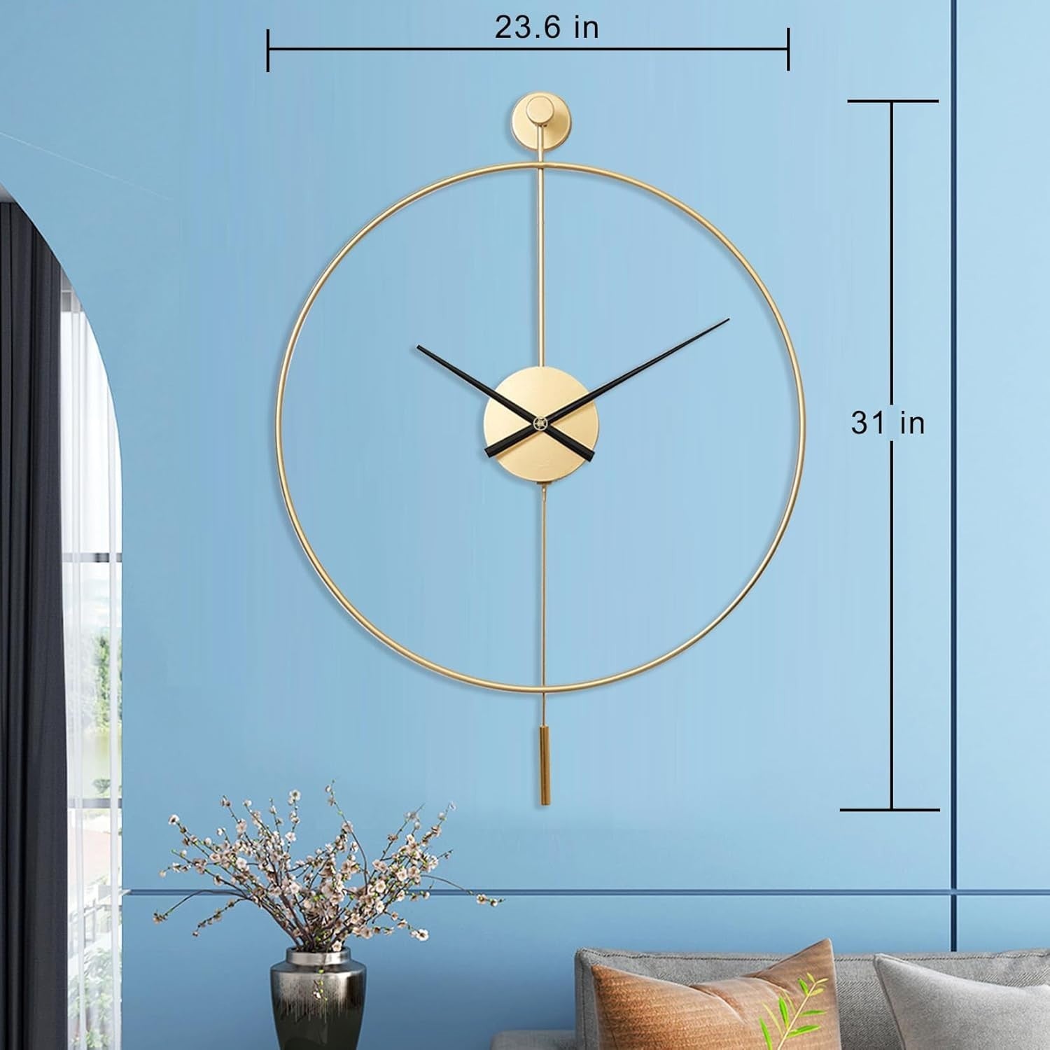Luxury Silent Wall Clock Gold 24in Modern Large Decor w/ Pendulum