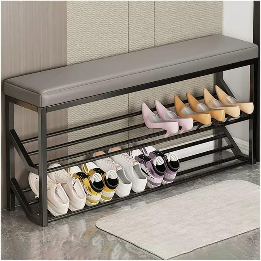 2-Tier Entryway Shoe Bench with Padded Seat & Metal Storage Rack 100cm