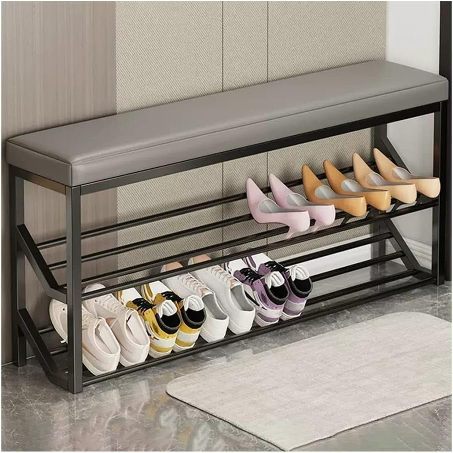 2-Tier Entryway Shoe Bench with Padded Seat & Metal Storage Rack 100cm