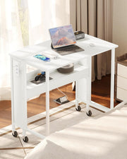 White Folding Computer Desk with Charging Ports & Wheels 80x50cm