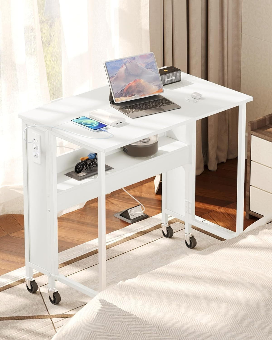 White Folding Computer Desk with Charging Ports & Wheels 80x50cm