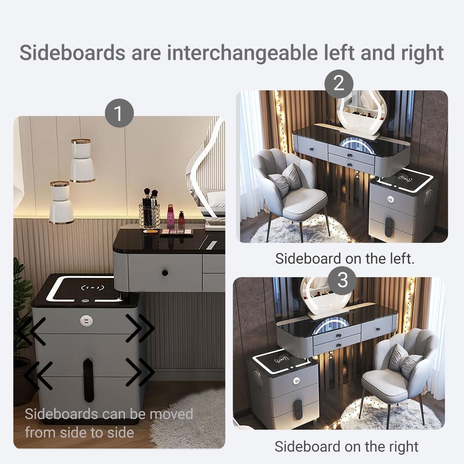 Makeup Vanity Set w/LED Touch Mirror & Bluetooth Speaker USB Charger Grey