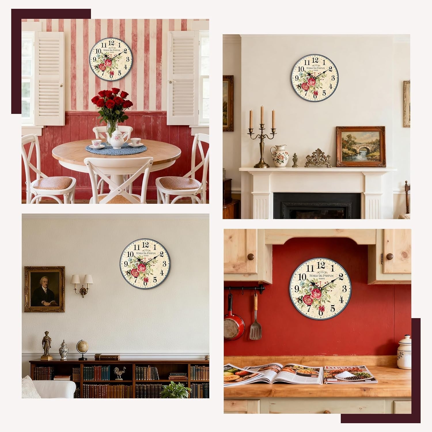 14” Vintage Floral Wall Clock Silent Non-Ticking Wooden Rustic Arabic Numeral