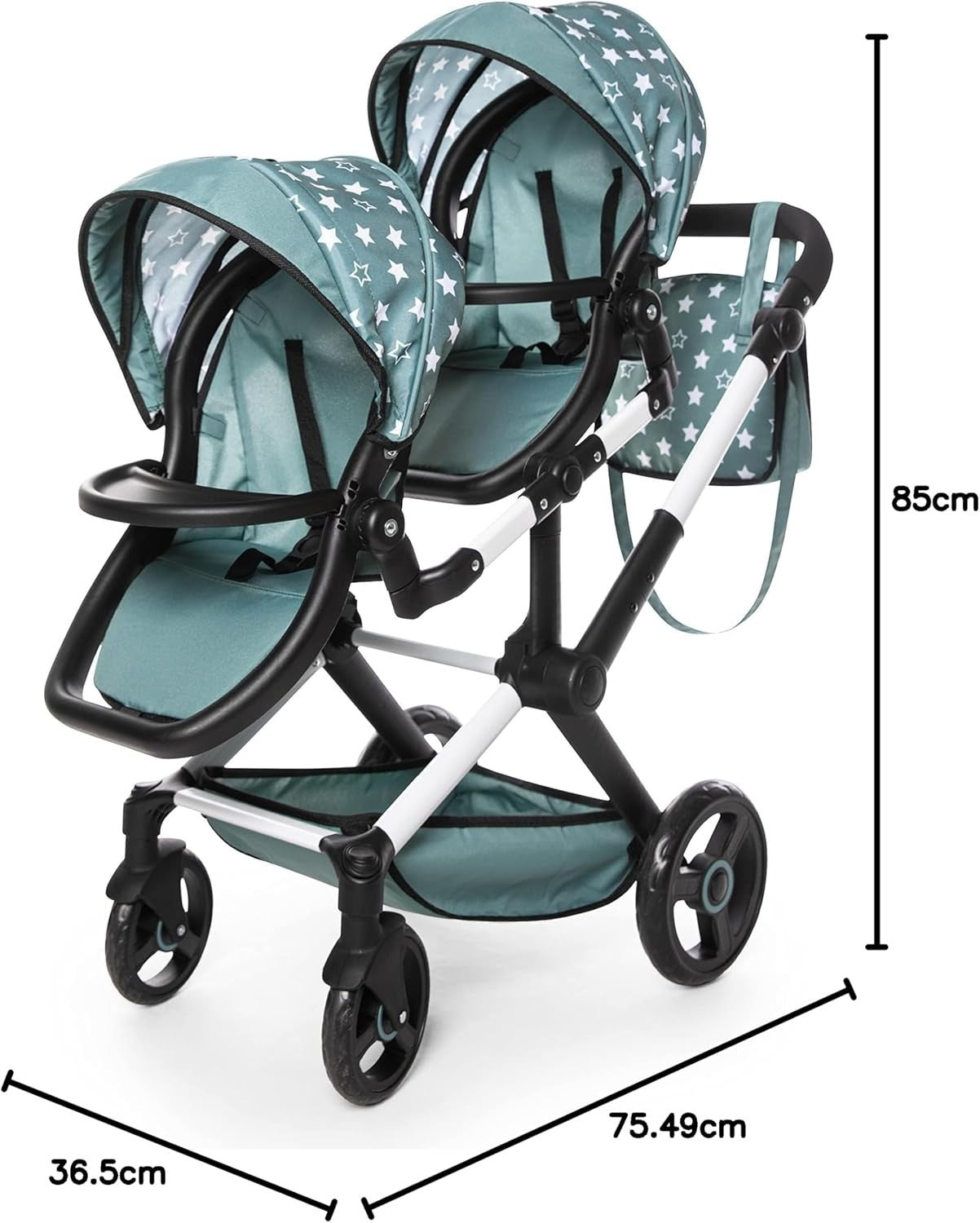 Twin Doll Pram Tandem Stroller Adjustable Reversible Handle Bag Green