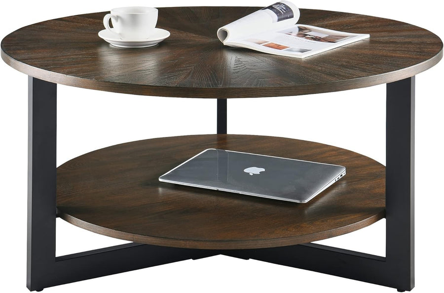 Round Coffee Table with 2-Tier Storage, Solid Wood & Metal Frame 85x45.3cm