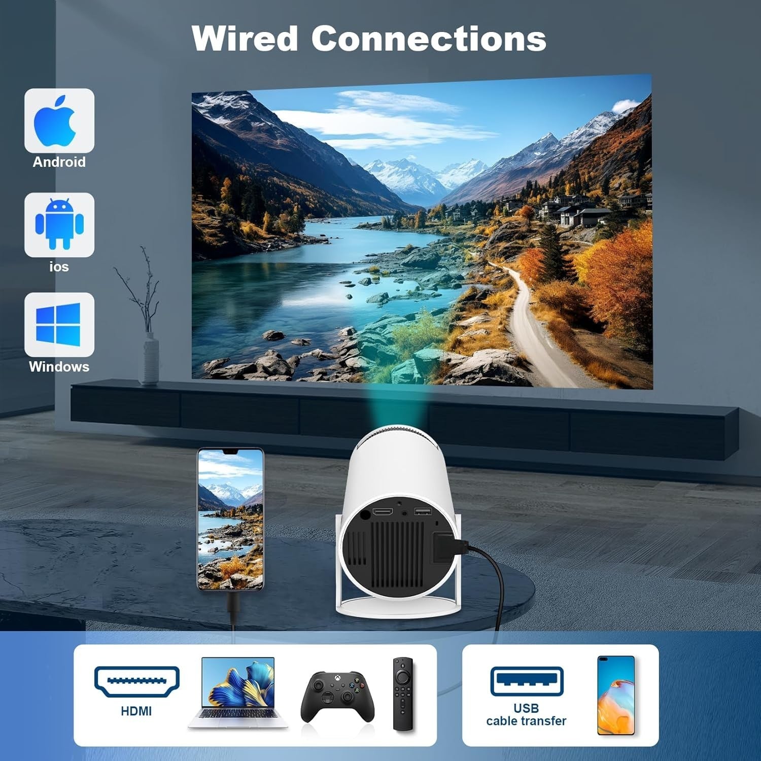 4K Mini Smart Projector Android WiFi 6 Bluetooth 180° Portable