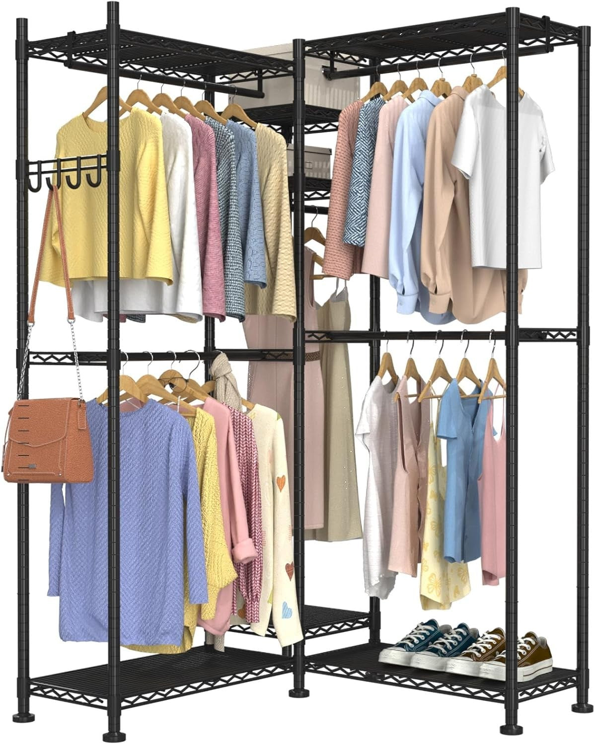 Adjustable Clothes Rail 5 Rods & 7 Shelves – Black 195cm