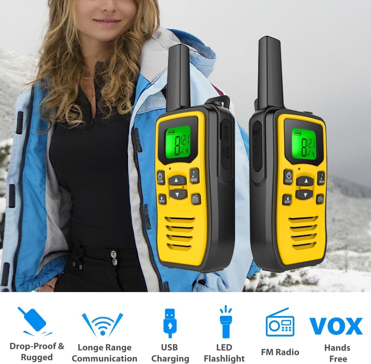 Long Range Walkie Talkies 36 Channel VOX Rechargeable FM Radio 2 Pack