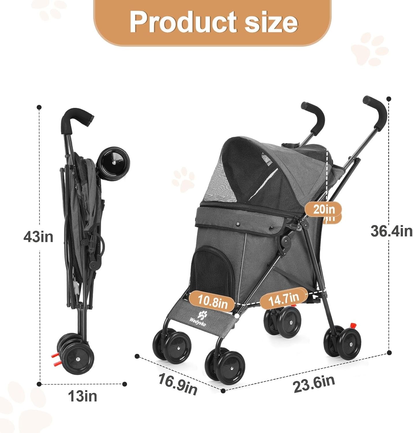 3 in 1 Pet Stroller Folding Dog Cat Pushchair 4 Wheel Travel Pram Grey