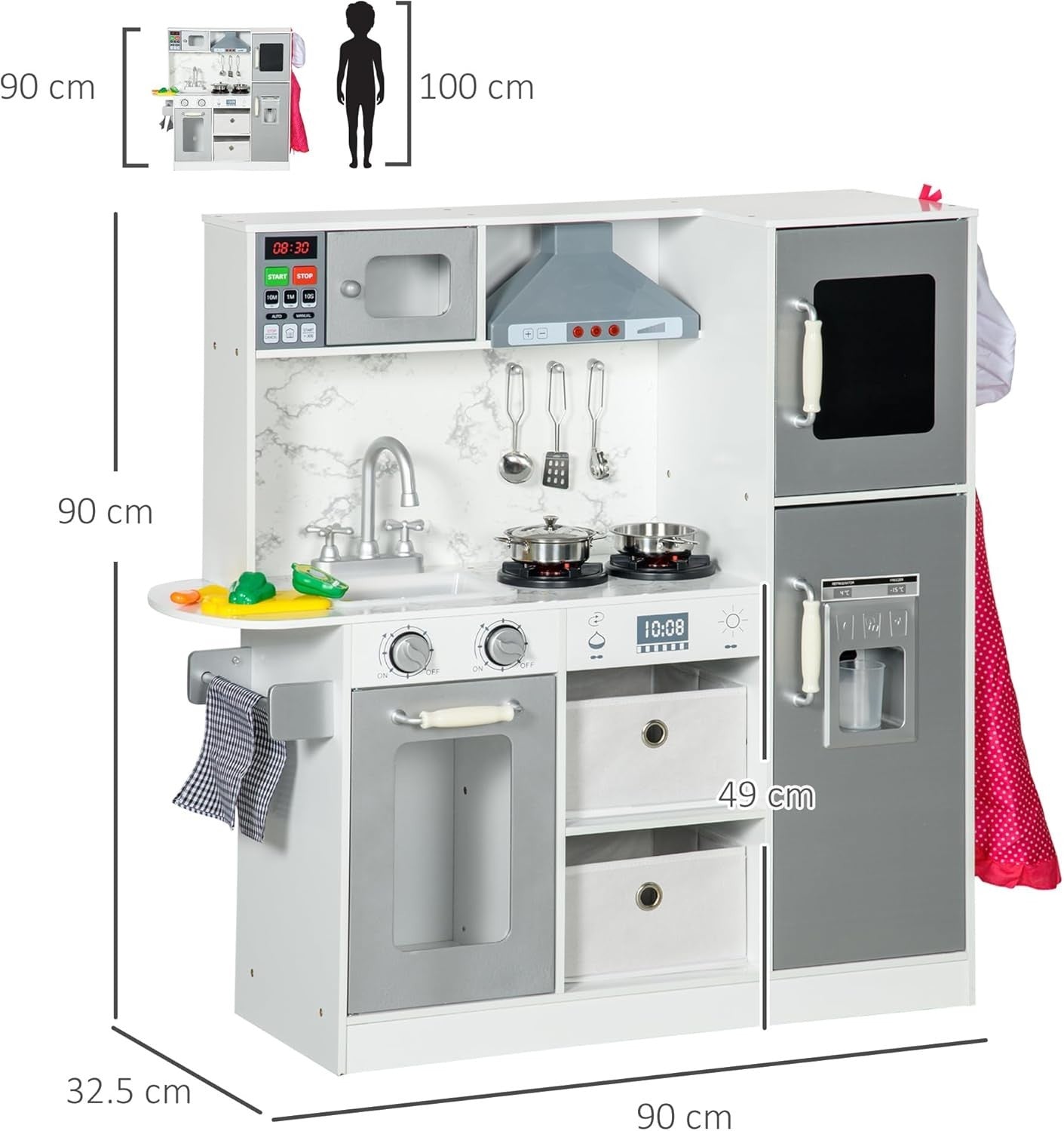 Wooden Kids Play Kitchen White w/ Lights Sounds Ice Maker Set