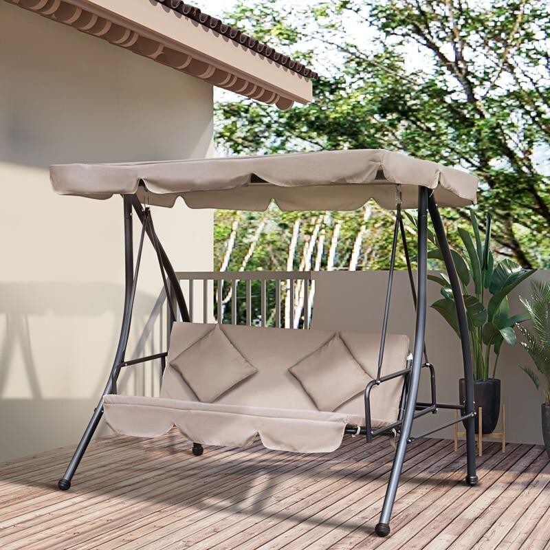 3 Seater Outdoor Swing Chair Bed with Canopy, Cushions – Beige Garden Lounger