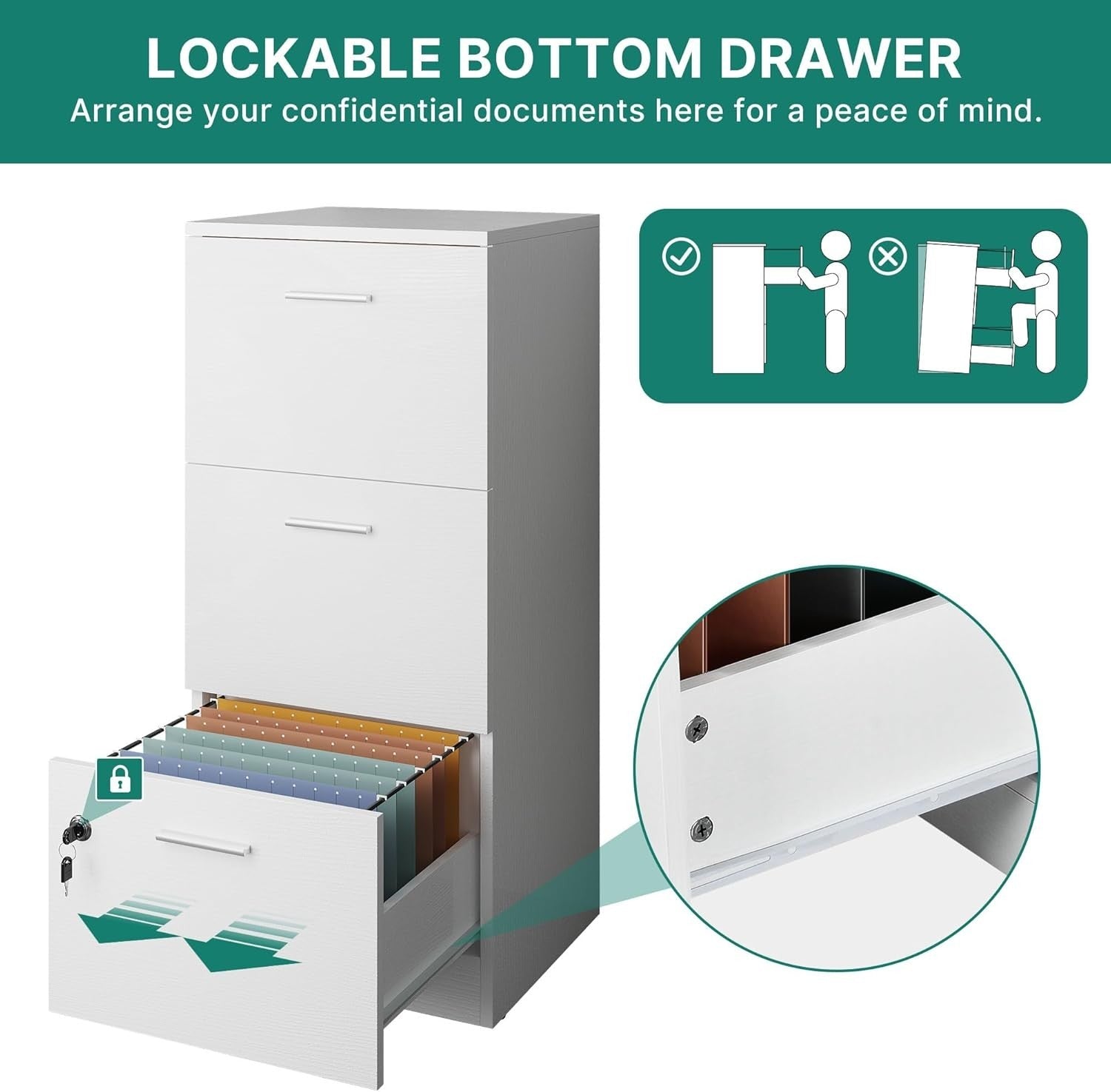 White 3-Drawer Lockable File Cabinet 40×40×101cm A4 Vertical Storage