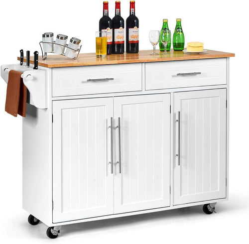 Mobile Kitchen Island Cart with Rubberwood Top, Lockable Wheels & Storage