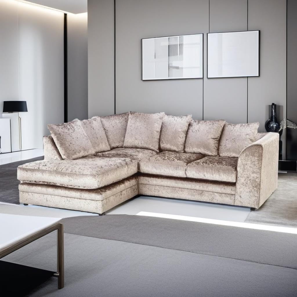 Luxurious 4-Seater L Shape Crush Velvet Sofa Mink Scatter Back Comfy Modular