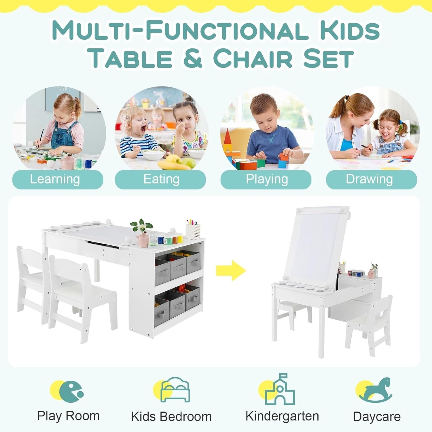Kids Art Table and Chair Set with Storage Bins & Easel Desk White 5 Cups