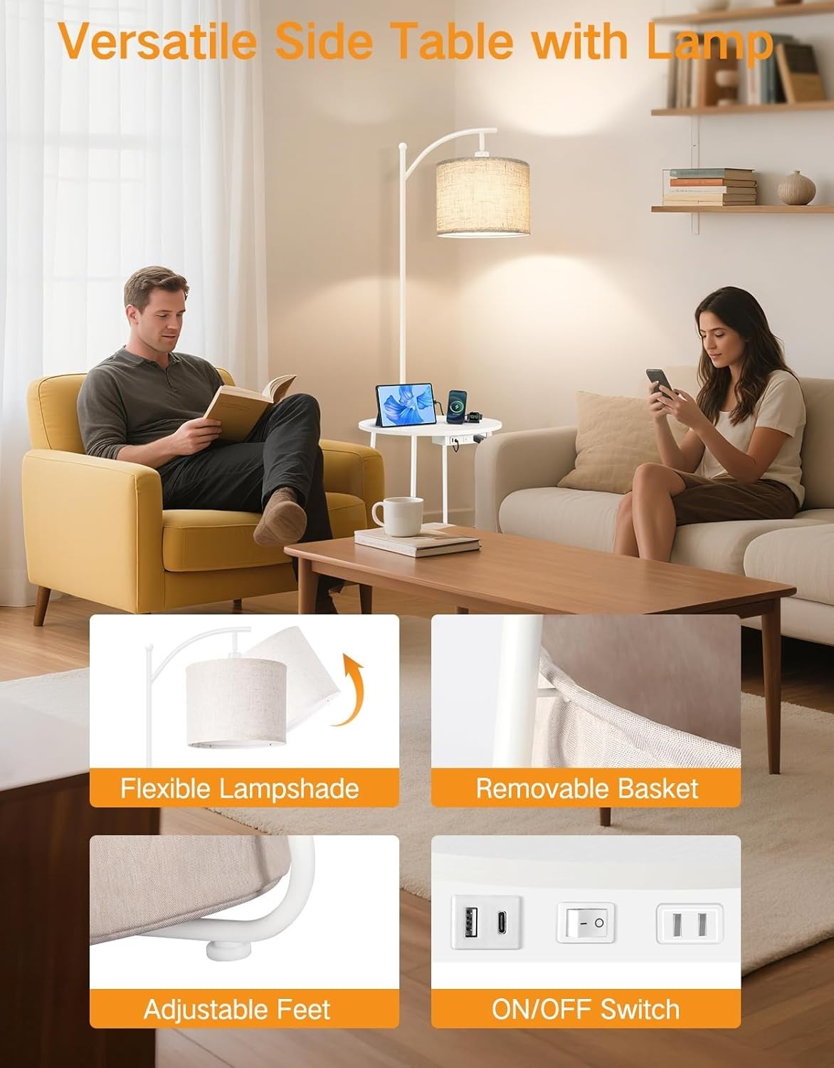 Multifunctional Floor Lamp with Table, USB Ports & Adjustable Light