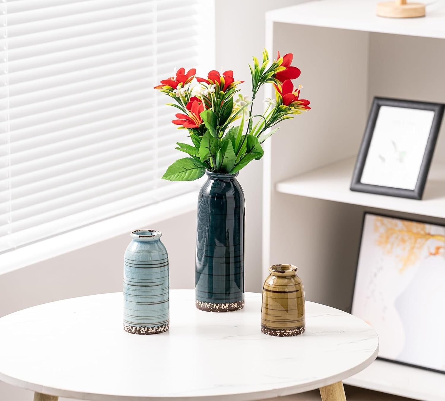 Blue Ceramic Vase Set of 3 Farmhouse Pampas Grass Vases Home Decor