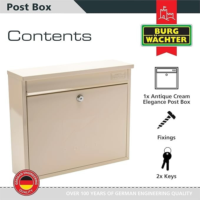 Lockable Wall Mounted Post Box Weatherproof Steel Antique Cream Secure & Stylish