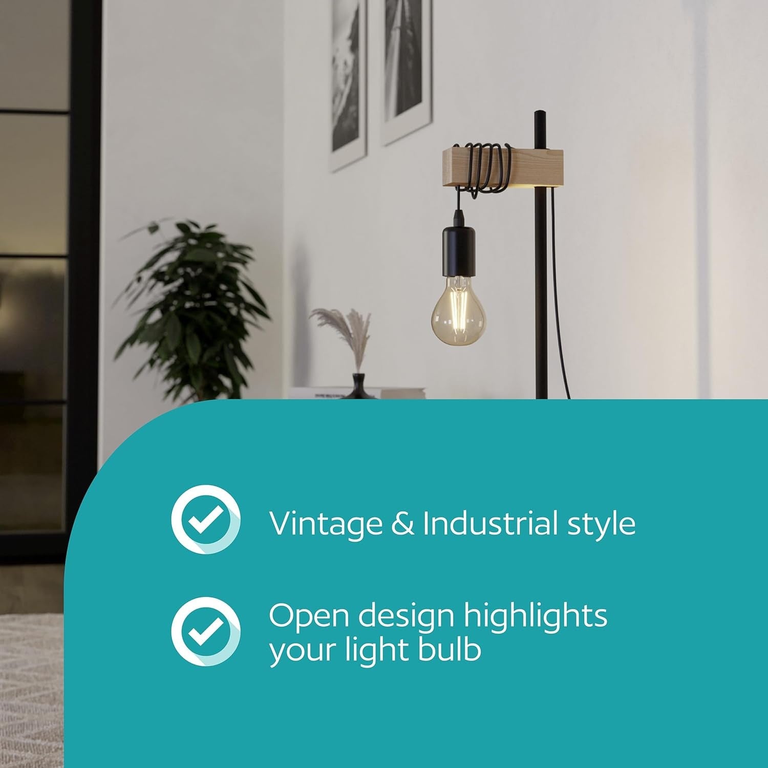 Vintage Industrial Table Lamp Wood & Metal Bedside Light E27 Switch