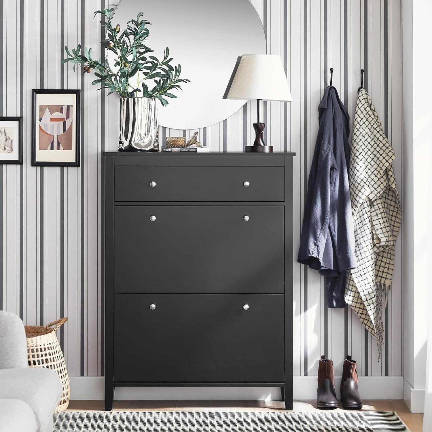 Slim Black Shoe Cabinet with Drawer & Drop Doors, Narrow Storage Unit 80x25x108c